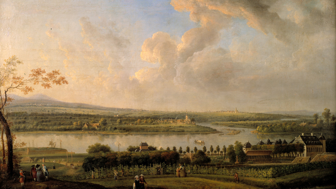 Caspar Schneider malte seinen Blick auf die Favorite und die Mainmündung 1785. © GDKE Rheinland-Pfalz – Landesmuseum Mainz (Foto: Ursula Rudischer) Caspar Schneider malte seinen Blick auf die Favorite und die Mainmündung 1785. © GDKE Rheinland-Pfalz – Landesmuseum Mainz (Foto: Ursula Rudischer)