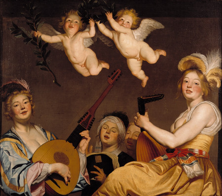 Ölgemälde auf dem vier Musikerinnen und zwei kleine Engel zu sehen sind