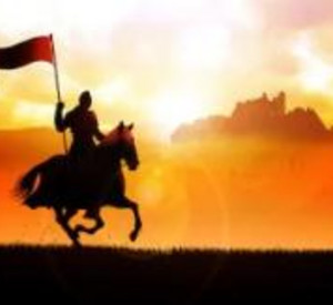 Ritter auf einem Pferd, mit einer Fahne in der Hand