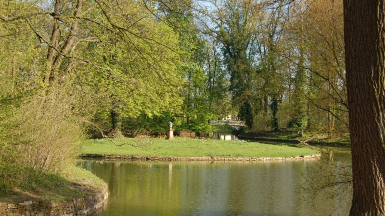 Worms- Herrnsheim, Schlosspark, Teich mit Insel © Georg Peter Karn, GDKE, Landesdenkmalpflege