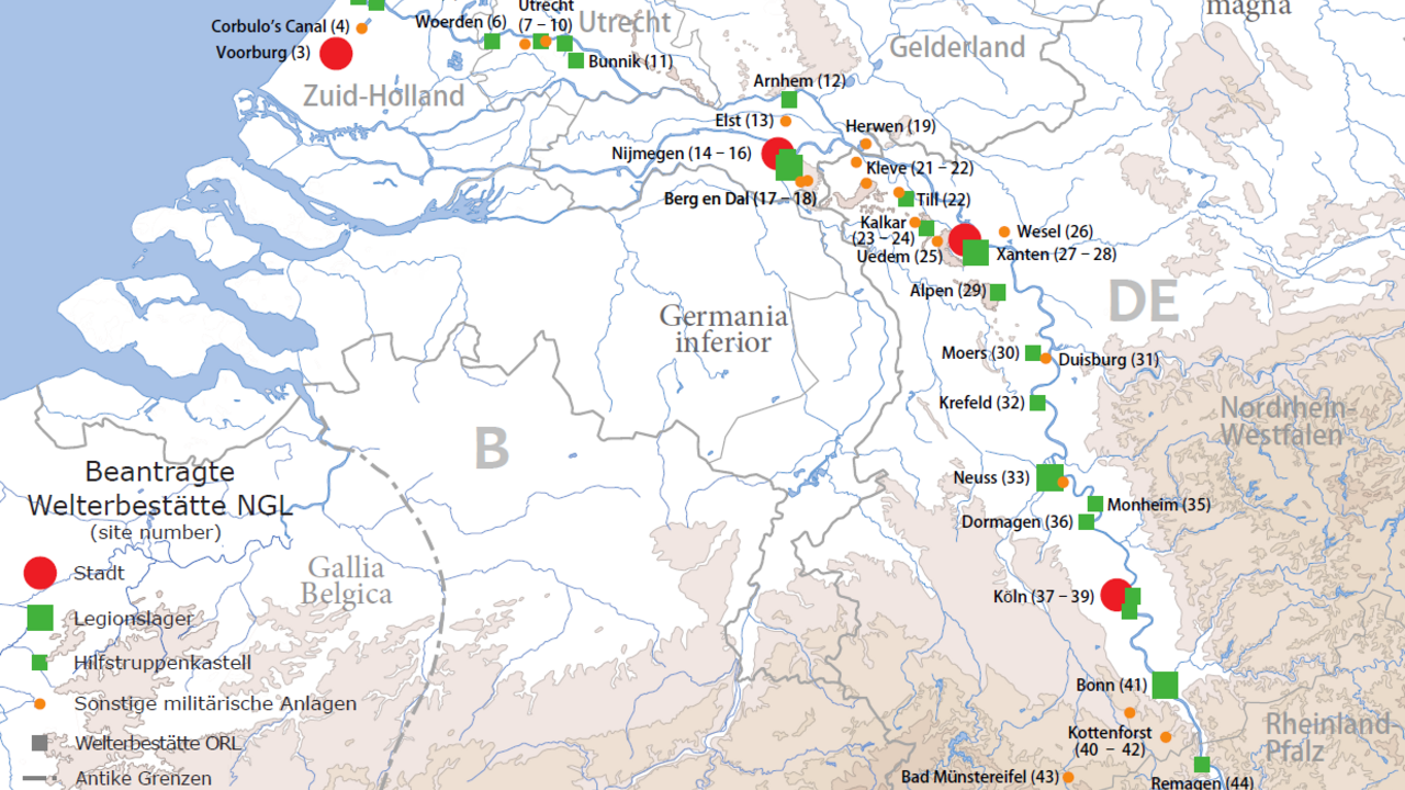 Fundplätze entlang des Niedergermanischen Limes (Grafik: S. Bödecker/E. Rung, LVR-Amt für Bodendenkmalpflege/M. Pütz, LVR-LandesMuseum Bonn/Kartengrundlage: GLOBE Task Team) 
