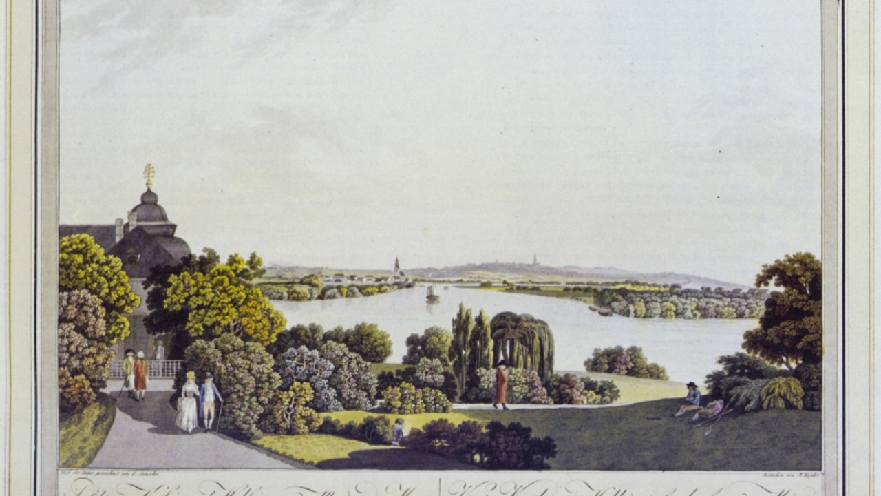 Laurenz Janscha: Blick von der Favorite auf die Mainmündung, 1798, kolorierte Radierung © GDKE, Landesdenkmalpflege, Archiv