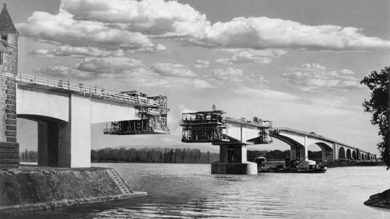 Nibelungenbrücke während des Baus 1951–1953 © aus: Dicleli, Cengiz: Die Nibelungenbrücke Worms (Historische Wahrzeichen der Ingenieurbaukunst in Deutschland, 27), S. 64