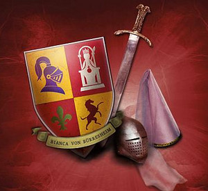 Ein Wappen, Ritterhelm, Schwert und Kegelhaube vor rotem Hintergrund