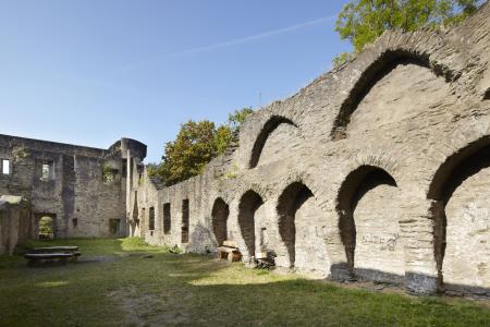 Zwei Wände einer Burgruine mit steinernen Bögen