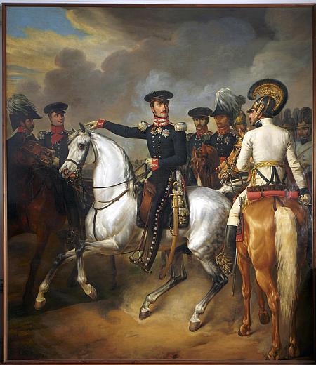Gemälde auf dem mehrere Männer in preußischen Uniformen auf Pferden zu sehen sind