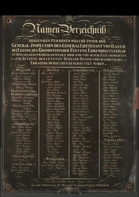Namen-Verzeichnis auf dunkler Bronzetafel mit weißer Schrift