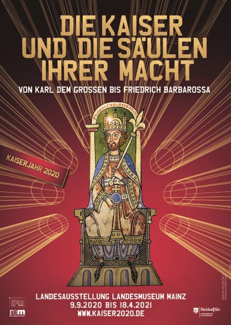 Plakat zur Ausstellung "Die Kaiser und die Säulen ihrer Macht", Zeichnung einer Person mit Krone und Zepter auf einem Thron