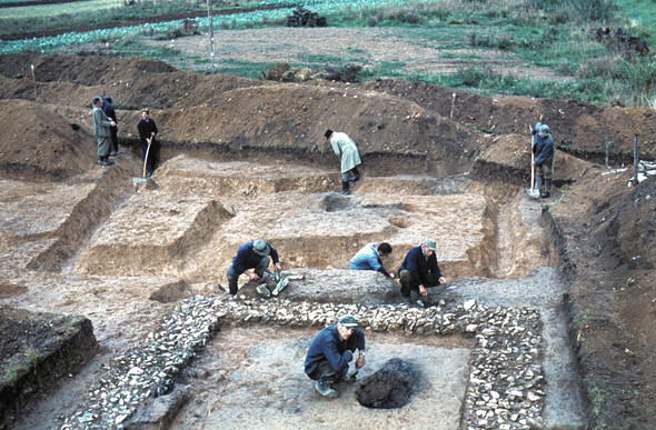 Mehrere Personen sind auf einer Fläche aus Erde und Steinen und graben nach Archäologischen Fundstücken