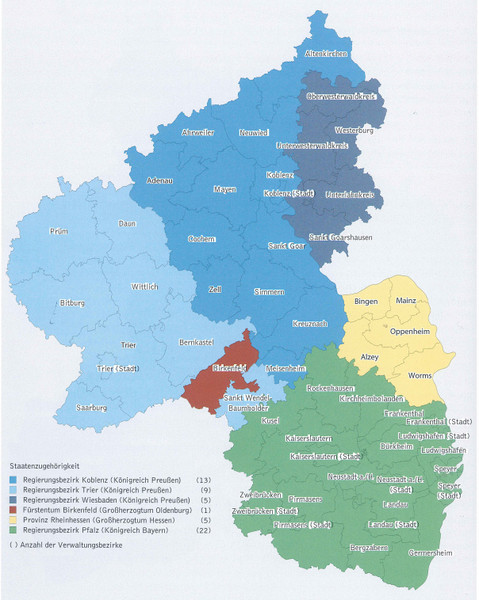 Karte über die Die politische Zugehörigkeit der Gebiete des heutigen Rheinland-Pfalz um 1925