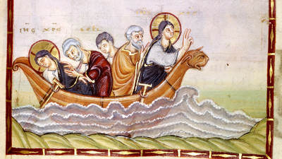 Ausschnitt aus dem Codex Egberti: fünf Menschen stehen in einem Boot